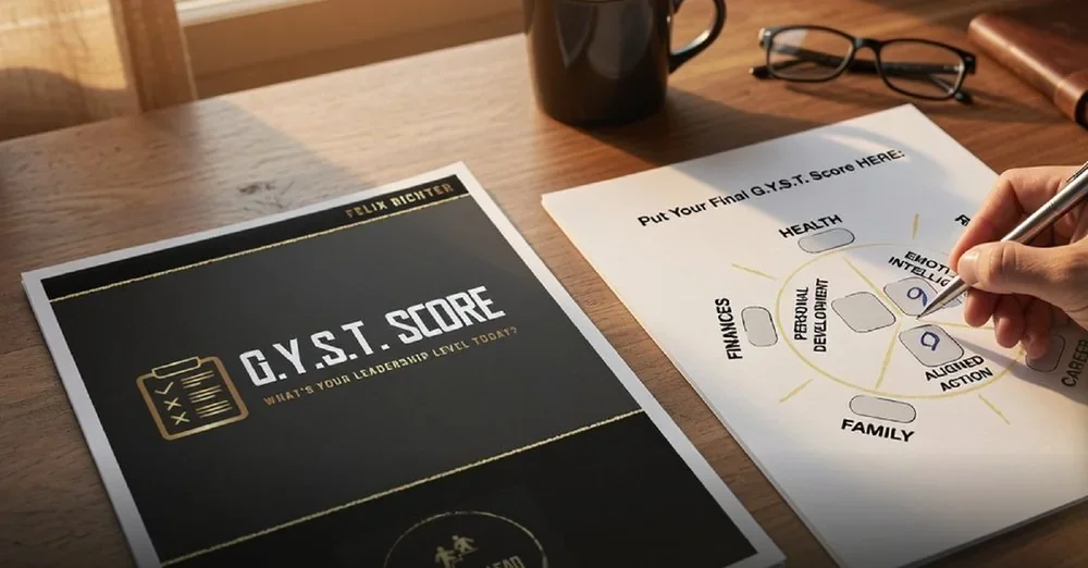 The G.Y.S.T. Score booklet and a filled-in wheel on a desk next to a coffee mug